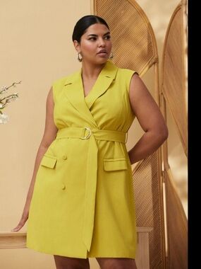 Eloquii Sleeveless Belted Blazer Mini Dress in Chartreuse